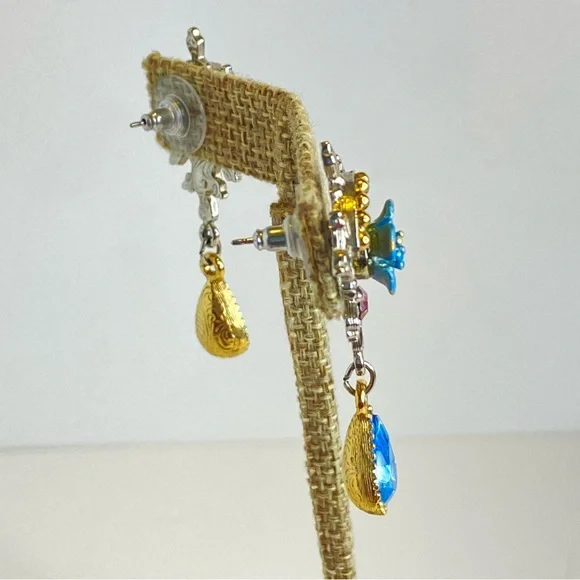 Vintage 1928 Blue Floral Drop Earrings Pink Accent Teardrop Crystal 2" - Picture 8 of 9